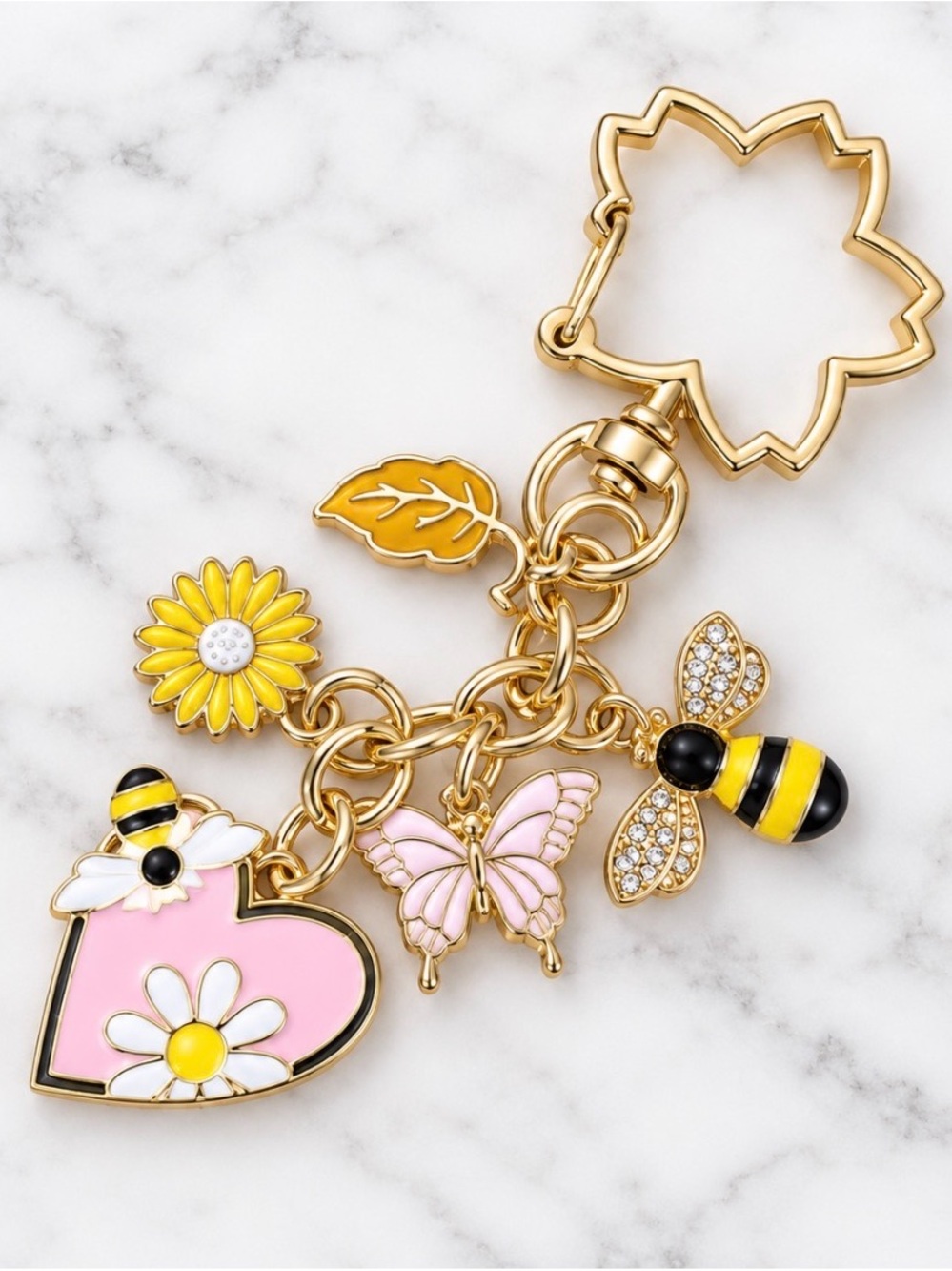 Bag Charm/Keyring-Pink Enamel Heart Bees and Flower Charms-Gold Hardware